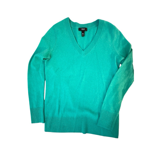 Aqua Cashmere‎ Womens Green Ribbed Trim Pullover V-Neck Sweater Top Sz XS - Picture 1 of 5